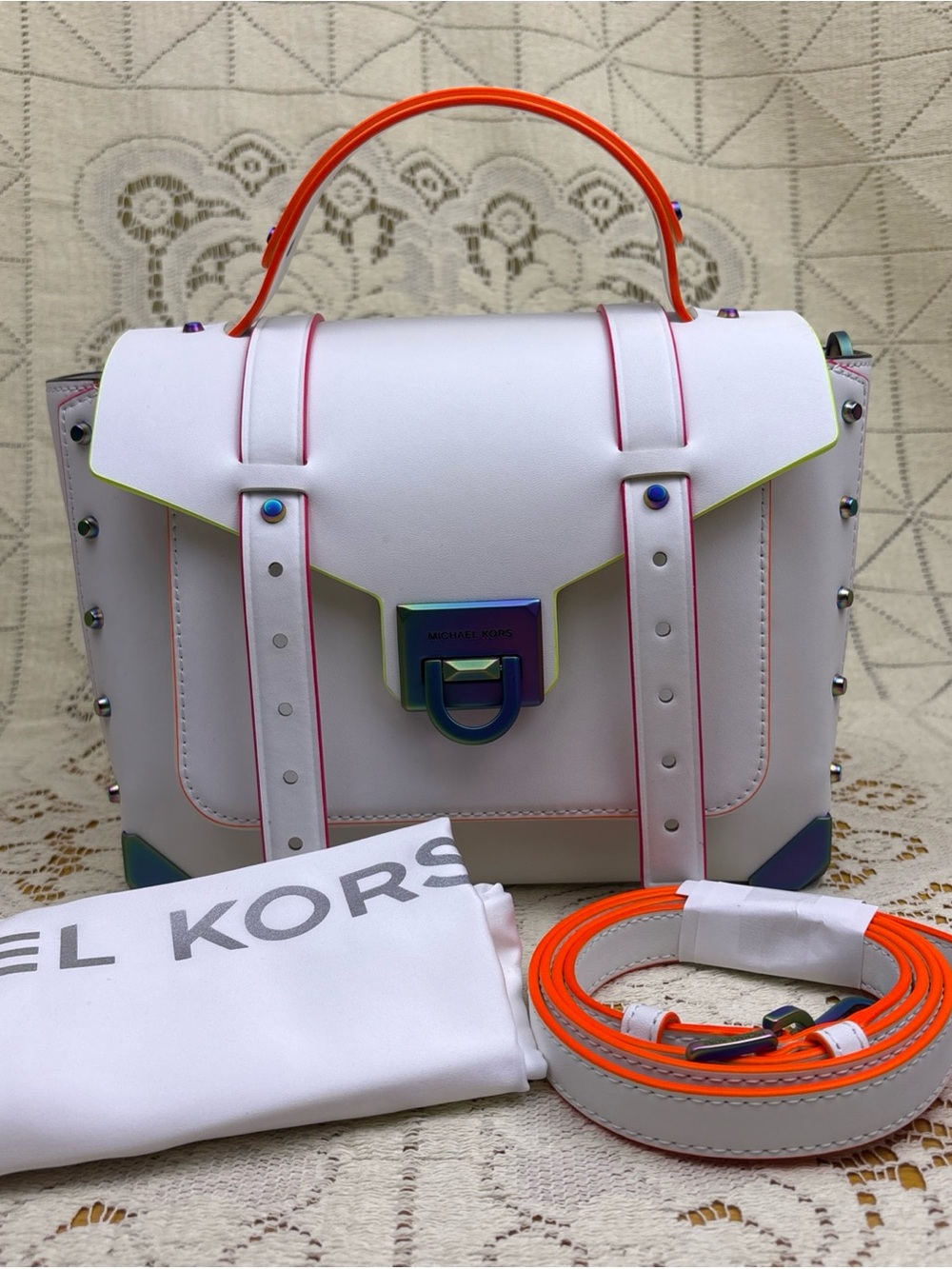 Michael Kors Manhattan White Leather Satchel with Neon Trim and Rainbow Hardware